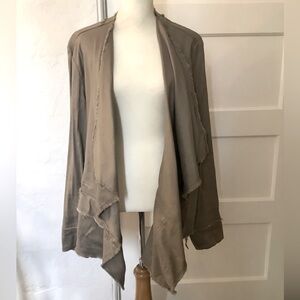 Free People Asymmetrical Dark Khaki Linen Jacket, Size L, Belted Raw Hem Pockets
